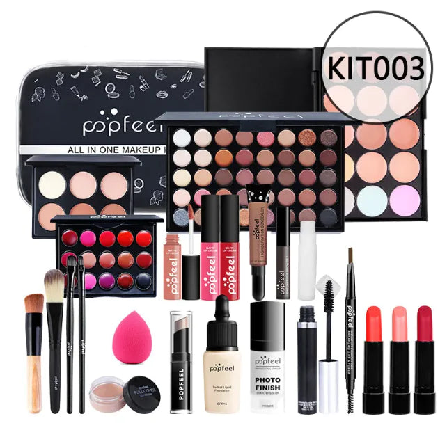 Léa Beauty & Cosmetics Beginners Complete Makeup Set – Concealer, Eyeliner & Brow Pencil (KIT003) includes eyeshadow palettes, lipsticks, brushes, mascara, foundation, lip glosses, and a pink blending sponge in multi-color options on a white background.