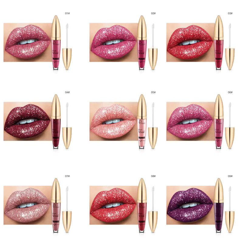 Nine shades of Léa Beauty & Cosmetics Pearlescent Matte Lip Gloss are shown on lips in three rows, each paired with a matching tube and applicator. Enjoy nudes to purples with a dazzling, shimmery, non-stick finish for long-lasting wear.