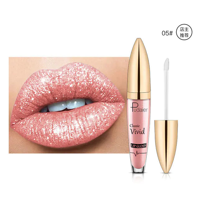 Close-up of glittery pink lips beside a tube of Léa Beauty & Cosmetics Pearlescent Matte Lip Gloss Non-Stick Long Lasting Makeup, featuring vibrant shades, a gold cap, and an included applicator wand.