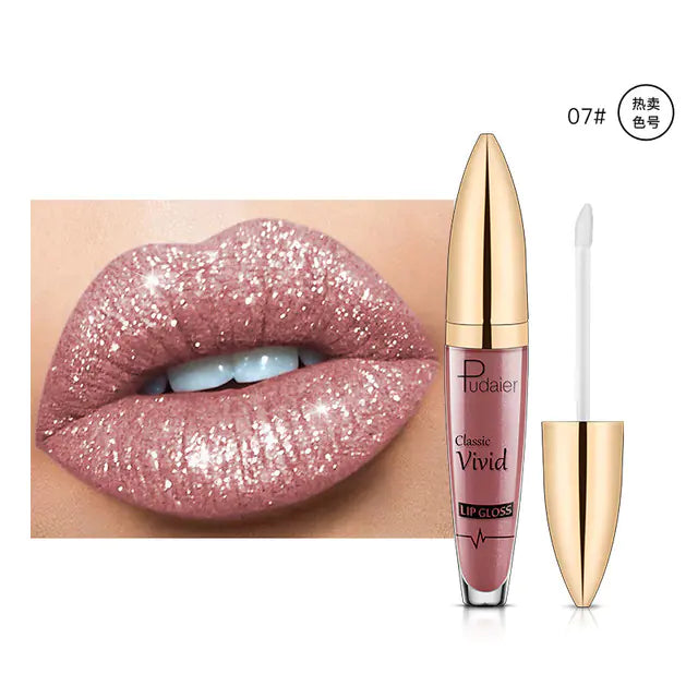 A close-up of glossy, glittery pink lips appears beside a tube of Léa Beauty & Cosmetics Pearlescent Matte Lip Gloss Non-Stick Long Lasting Makeup with a gold cap and white applicator, showcasing shade 07#s vibrant color.