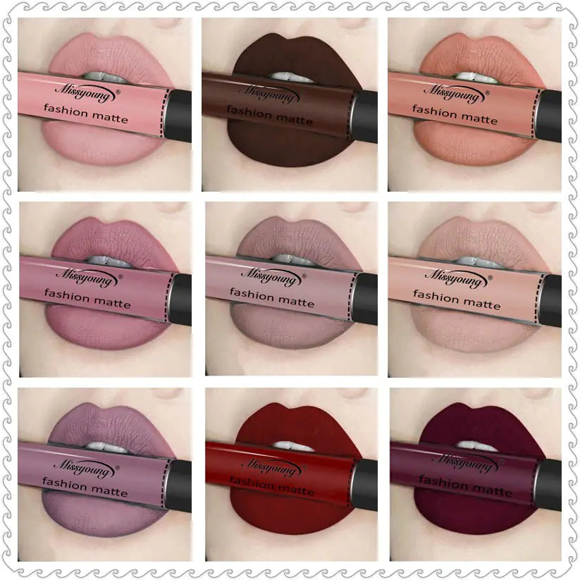 A 3x3 grid of lips displays Léa Beauty & Cosmetics Non-Stick Matte Liquid Lipstick Lip Gloss Makeup in flawless matte nudes, pinks, browns, reds, and purples that match each lipstick tube shown across the lips.