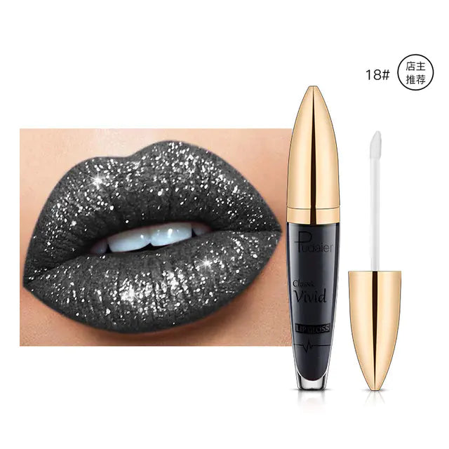 A close-up shows lips wearing shiny black Pearlescent Matte Lip Gloss Non-Stick Long Lasting Makeup by Léa Beauty & Cosmetics, next to its matching black and gold tube. Enjoy vibrant color with a smooth, non-stick finish.