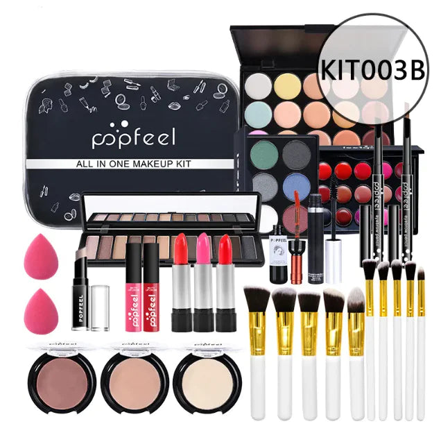 Léa Beauty & Cosmetics Beginners Complete Makeup Set includes concealer, eyeliner, brow pencil, and more, all arranged with a Popfeel case in the background for flawless coverage and multiple color options.