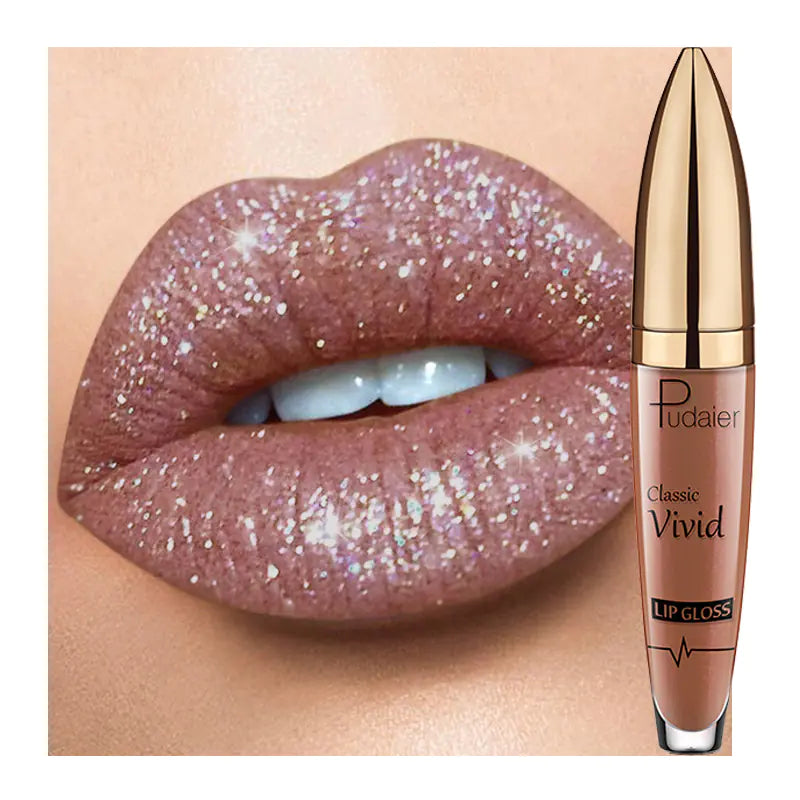 Close-up of lips wearing sparkly nude Pearlescent Matte Lip Gloss Non-Stick Long Lasting Makeup by Léa Beauty & Cosmetics. To the right, the tube features a gold cap and brownish-nude shade with a non-stick formula.