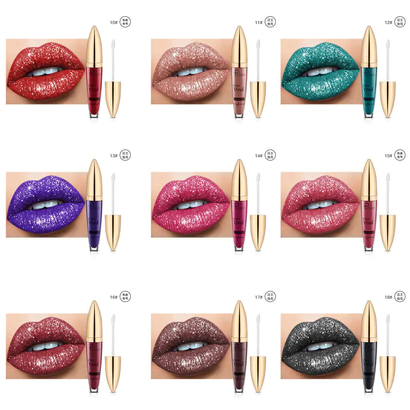 A grid of eight close-up lips showcases Léa Beauty & Cosmetics Pearlescent Matte Lip Gloss, a non-stick, long-lasting formula in vibrant red, nude, teal, purple, pink, brown, gold, and black—each paired with the matching tube and applicator.