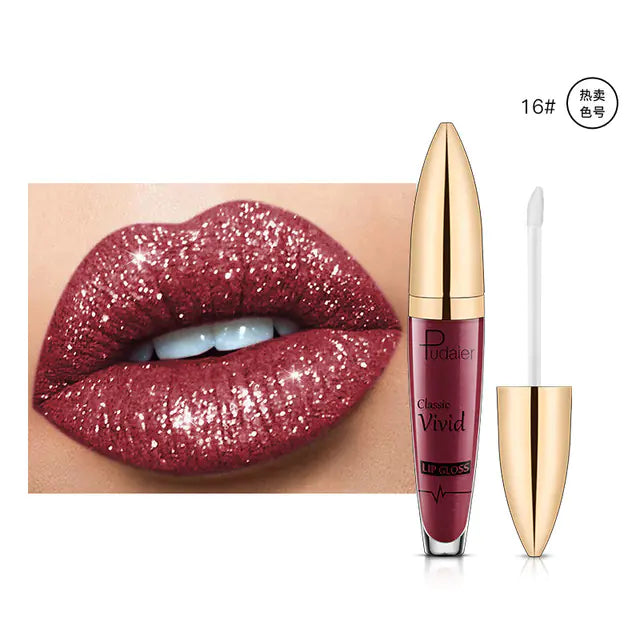 A close-up of lips with sparkly dark pink Pearlescent Matte Lip Gloss Non-Stick Long Lasting Makeup by Léa Beauty & Cosmetics beside a gold-capped tube and white applicator wand.