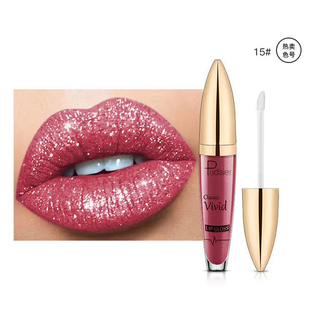 A close-up of glittery pink lips beside Léa Beauty & Cosmetics Pearlescent Matte Lip Gloss Non-Stick Long Lasting Makeup in shade 15#, featuring a gold cap and white applicator wand for vibrant, lasting color.