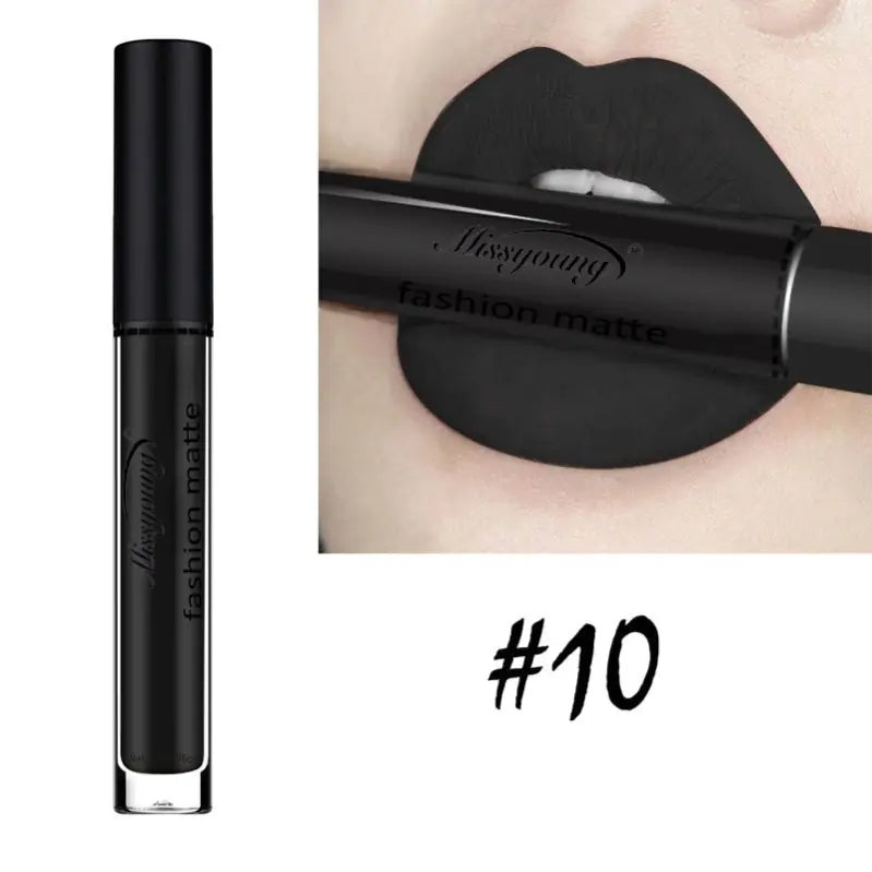 A tube of Léa Beauty & Cosmetics Non-Stick Matte Liquid Lipstick Lip Gloss Makeup is shown. Next to it, lips wearing the same matte black shade hold the tube. #10 appears in bold text below.