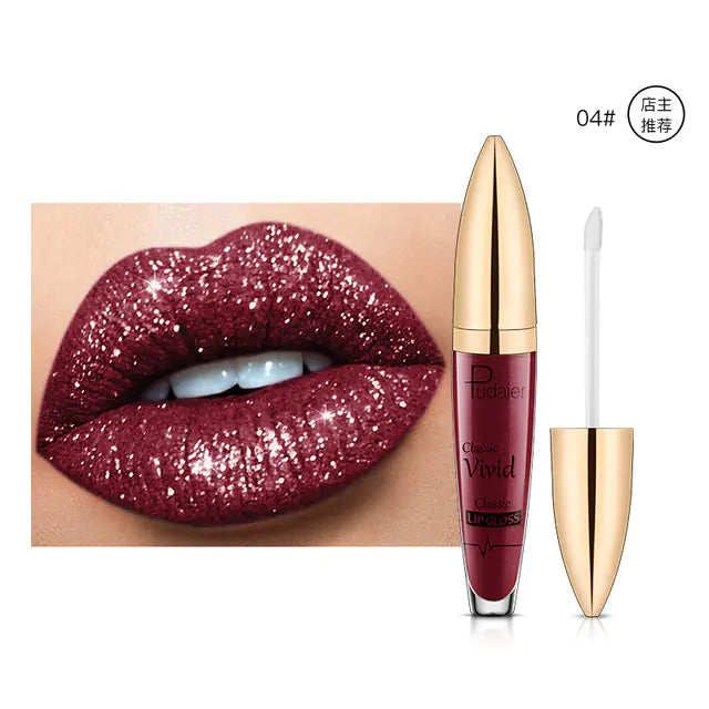 A close-up shows lips in shimmery dark red gloss beside a matching tube with a gold cap and white wand. The product is labeled Pearlescent Matte Lip Gloss Non-Stick Long Lasting Makeup by Léa Beauty & Cosmetics.