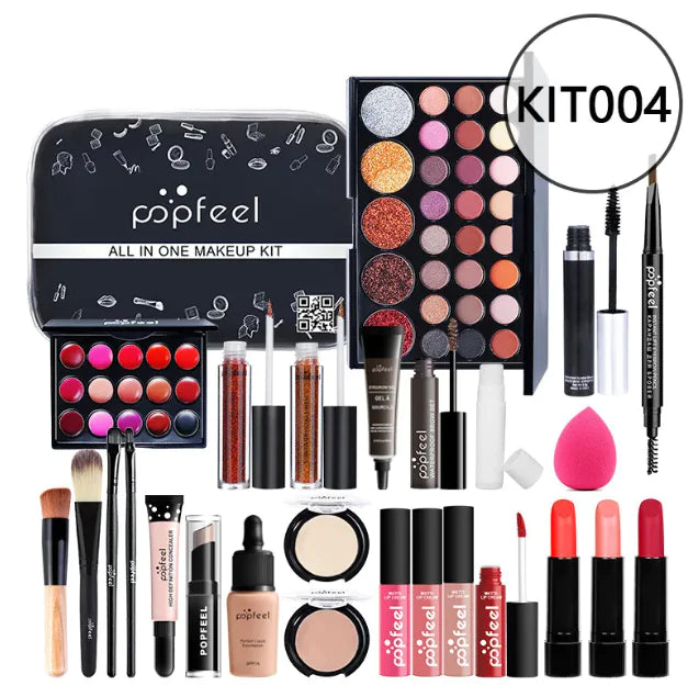 The Léa Beauty & Cosmetics Beginners Complete Makeup Set – Concealer, Eyeliner & Brow Pencil offers versatile coverage with a multi-color eyeshadow palette, lip palette, brushes, lipsticks, glosses, brow pencil, mascara, sponges, powders and glitter jars.