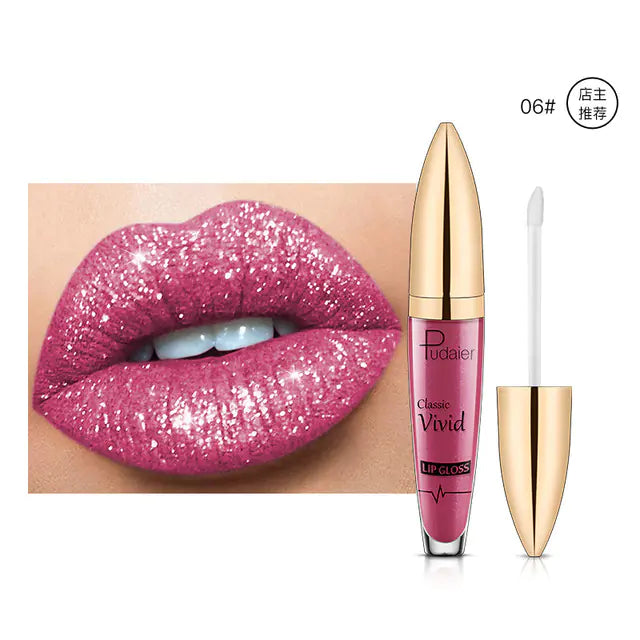 Close-up of pink, glittery lips beside a tube of Léa Beauty & Cosmetics Pearlescent Matte Lip Gloss Non-Stick Long Lasting Makeup in shade 06, with the applicator wand highlighting its dazzling glitter effect.