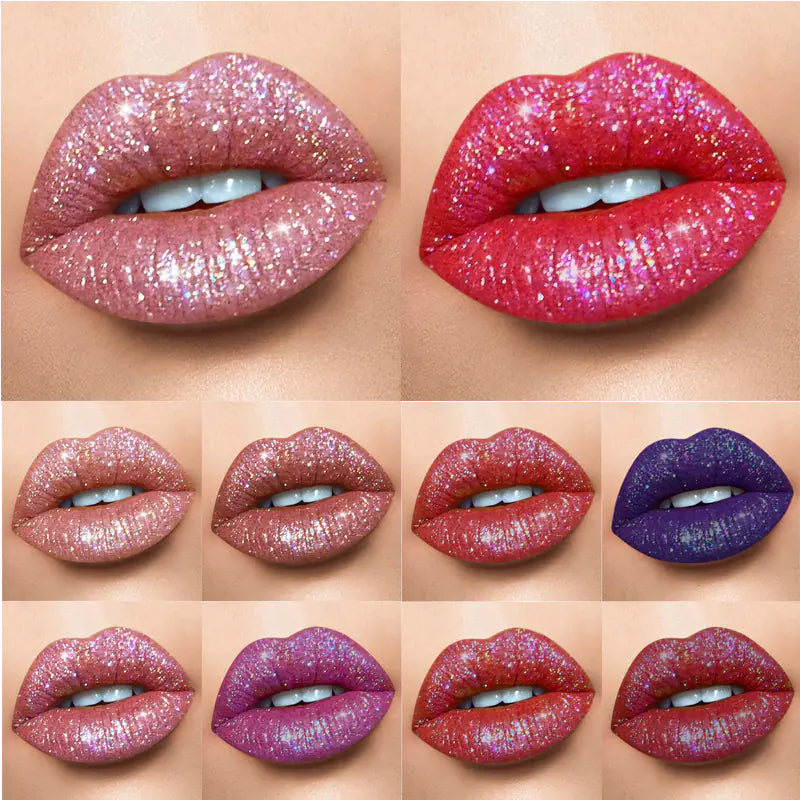 A grid of ten close-ups shows lips wearing Léa Beauty & Cosmetics’ Pearlescent Matte Lip Gloss Non-Stick Long Lasting Makeup in bold pink, red, purple, and gold shades for a dazzling, glossy, and sparkling look.