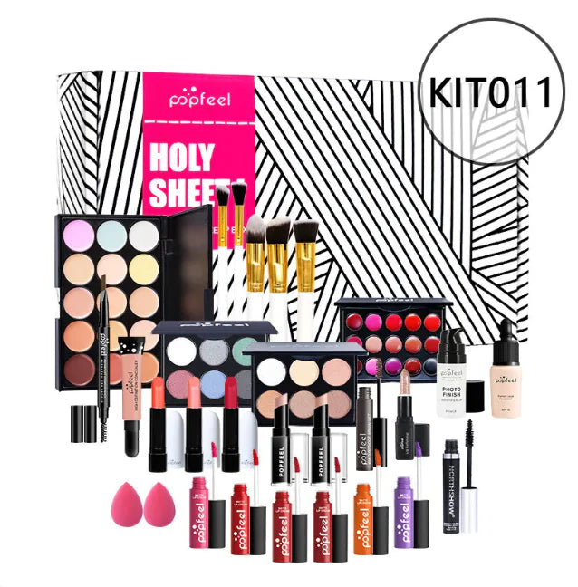 The Léa Beauty & Cosmetics Beginners Complete Makeup Set features concealer, eyeliner, and brow pencil arranged before a striped Popfeel Holy Sheet box, along with other makeup essentials.