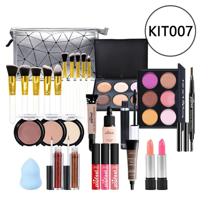 The Léa Beauty & Cosmetics Beginners Complete Makeup Set – Concealer, Eyeliner & Brow Pencil includes brushes, two multi-color eyeshadow palettes, lipstick, eyeliner, brow pencils, concealers, foundation, glitter, a makeup sponge, and a silver KIT007 carrying bag.