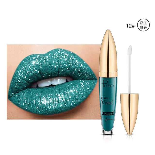 A close-up of glossy teal lips with silver glitter and vibrant color is shown beside a Pearlescent Matte Lip Gloss Non-Stick Long Lasting Makeup tube from Léa Beauty & Cosmetics, with its applicator wand displayed.