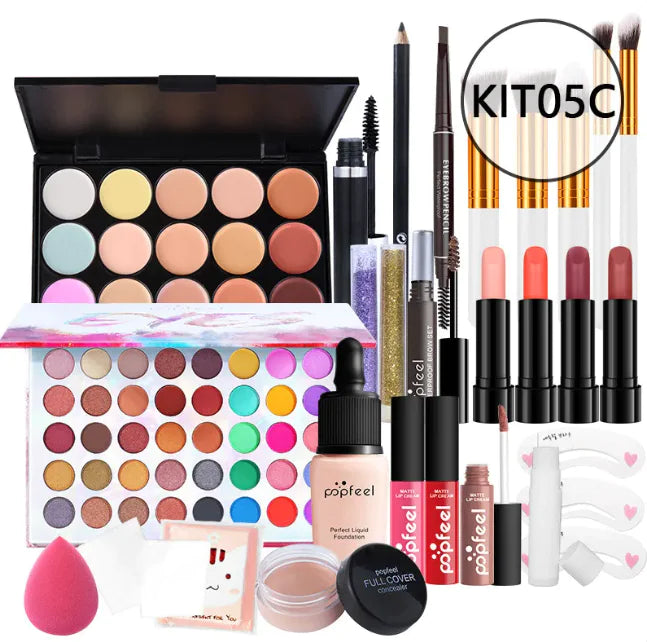Léa Beauty & Cosmetics Beginners Complete Makeup Set – Concealer, Eyeliner & Brow Pencil offers multi-color options with a variety of beauty products like eyeshadow, foundation, brushes, lipsticks, mascara, and sponge arranged on a white background.