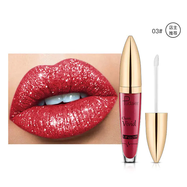 Shiny red Pearlescent Matte Lip Gloss by Léa Beauty & Cosmetics is applied on lips, shown beside its vibrant gold-capped tube and white applicator wand. This non-stick, long-lasting makeup offers bold color.