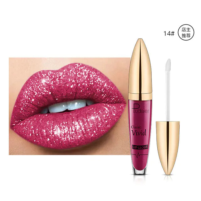 A close-up of lips with sparkly pink, non-stick glaze appears next to a Pearlescent Matte Lip Gloss Non-Stick Long Lasting Makeup tube from Léa Beauty & Cosmetics in a gold and pink container with a white applicator wand.