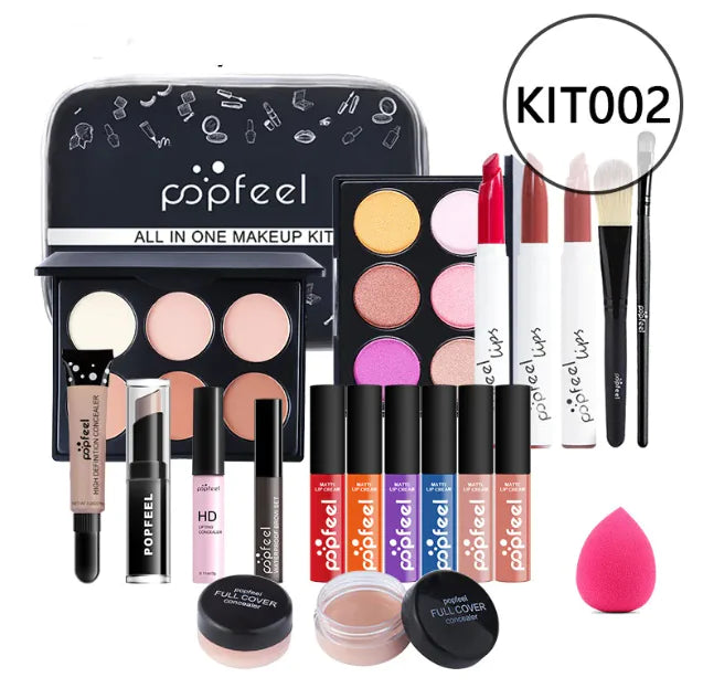 The Léa Beauty & Cosmetics Beginners Complete Makeup Set – Concealer, Eyeliner & Brow Pencil offers eyeshadows, brushes, lipsticks, HD foundation, sponges, and more in multi-color palettes—presented before a sleek black carrying case.