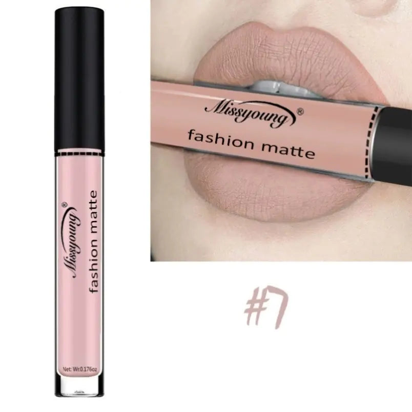A tube of Léa Beauty & Cosmetics Non-Stick Matte Liquid Lipstick Lip Gloss Makeup in nude is displayed beside lips wearing the same shade, showcasing its bold matte finish. The number “#7” appears below the images.