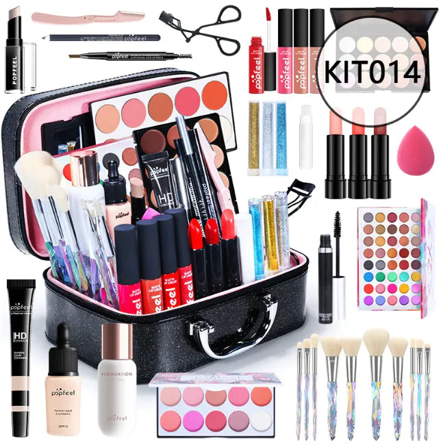 Léa Beauty & Cosmetics Beginners Complete Makeup Set – Concealer, Eyeliner & Brow Pencil features essentials like lipsticks, blush, eyeshadow palettes, mascara, brushes, sponges, and more—all neatly arranged around a black KIT014 case.