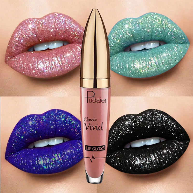 Four close-up images of lips in glittery pink, green, blue, and black surround a tube of Léa Beauty & Cosmetics Pearlescent Matte Lip Gloss Non-Stick Long Lasting Makeup at the center.