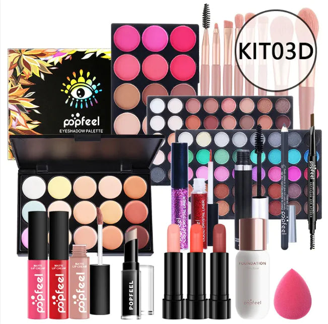Léa Beauty & Cosmetics Beginners Complete Makeup Set – Concealer, eyeliner, brow pencil, eyeshadow and blush palettes, lipsticks, glosses, mascara, brushes, foundation for flawless coverage, and pink sponge. Multi-color options. Product code: KIT03D.