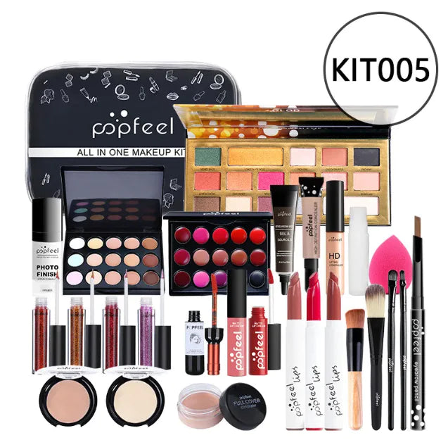 Léa Beauty & Cosmetics Beginners Complete Makeup Set – Concealer, Eyeliner & Brow Pencil, featuring a range of colorful palettes and essentials, is displayed against a white background. Label reads KIT005.