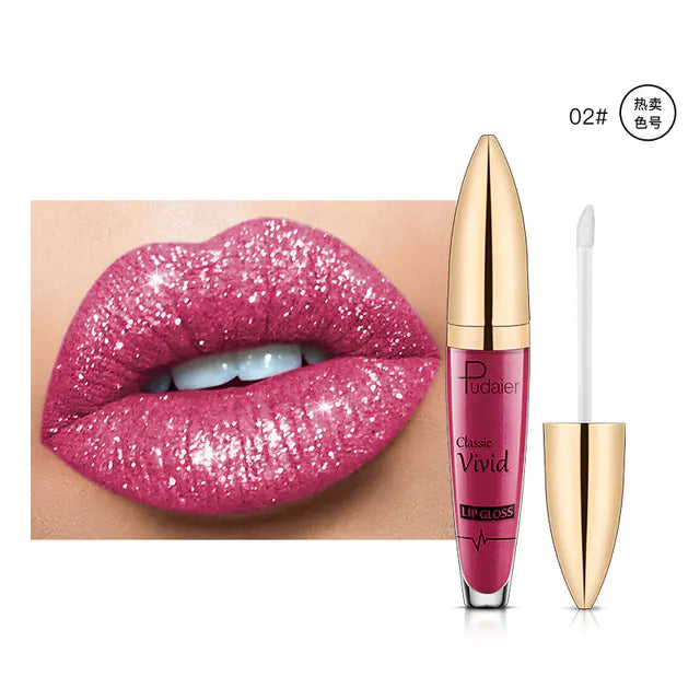 A close-up of glossy, glittery pink lips appears next to a tube of Léa Beauty & Cosmetics Pearlescent Matte Lip Gloss Non-Stick Long Lasting Makeup in matching pink, with the applicator wand displayed beside the tube.
