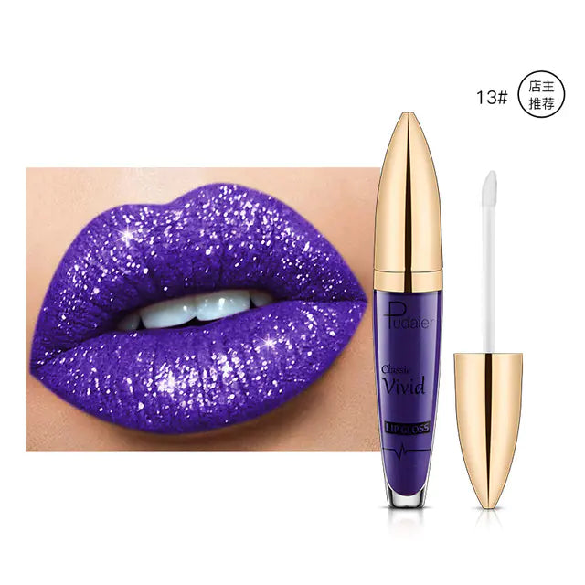 A close-up of lips wearing sparkly purple Pearlescent Matte Lip Gloss Non-Stick Long Lasting Makeup by Léa Beauty & Cosmetics, with a matching tube and applicator nearby.