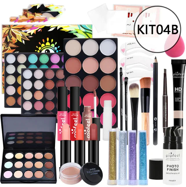 Léa Beauty & Cosmetics Beginners Complete Makeup Set – Concealer, Eyeliner & Brow Pencil offers a full range for starters, with eyeshadows, blushes, lipsticks, brushes, glitters, and beauty tools in a KIT04B-labeled package.