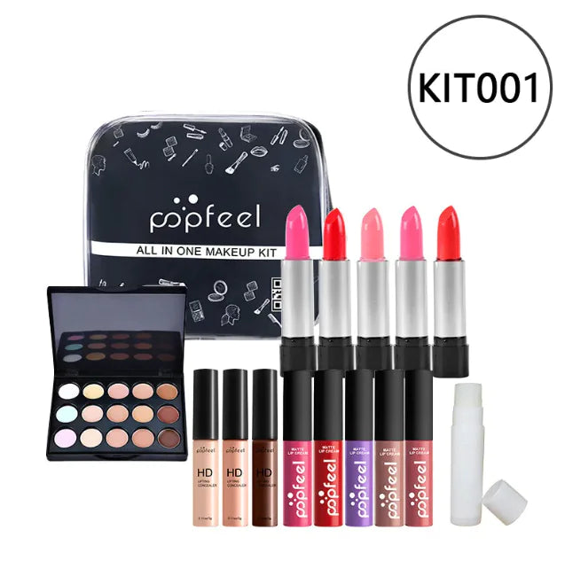 The Léa Beauty & Cosmetics Beginners Complete Makeup Set – Concealer, Eyeliner & Brow Pencil includes a black cosmetics bag, multi-color eyeshadow palette, four liquid lipsticks, four pink/red lipsticks, three concealers, and a small white bottle.