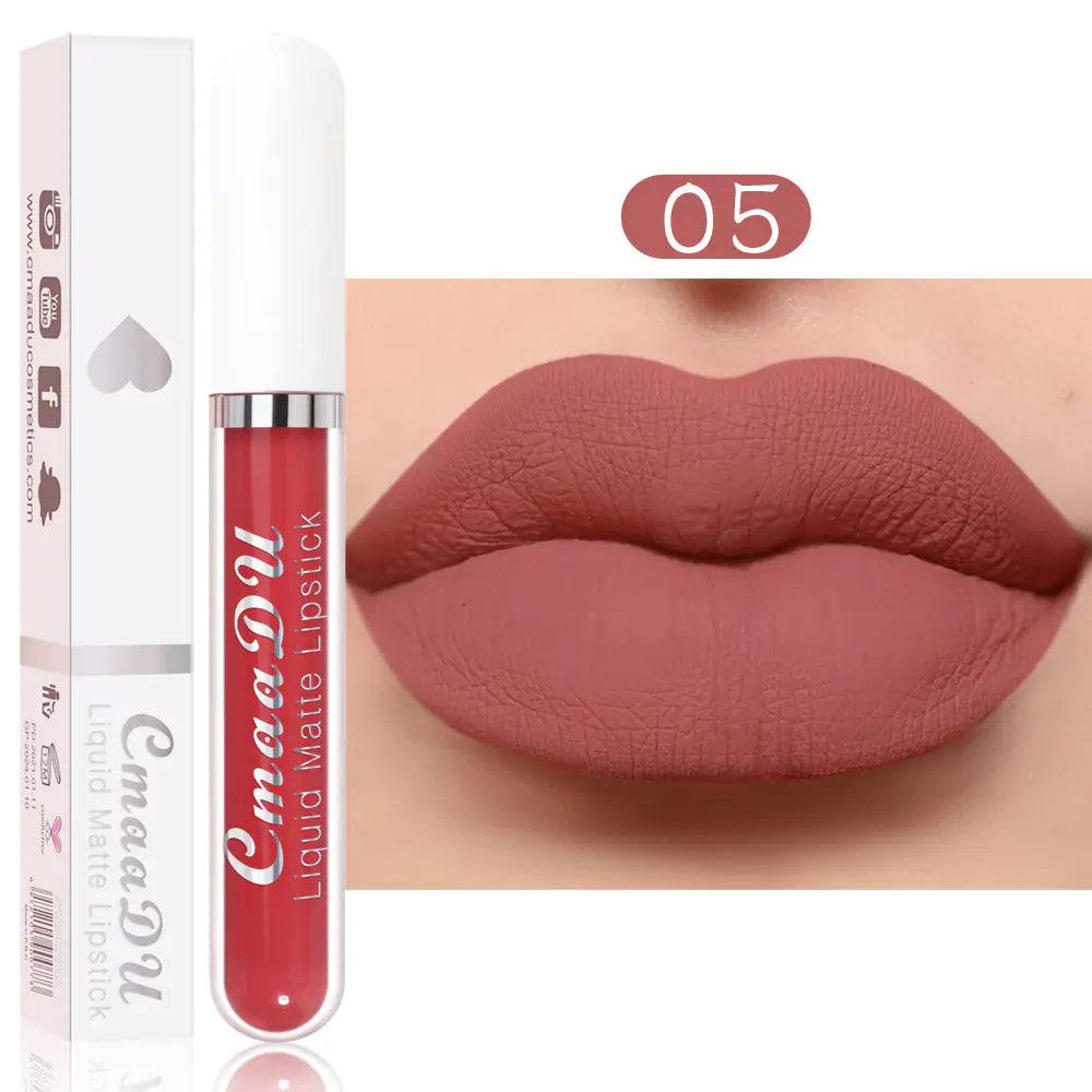 A tube of Léa Beauty & Cosmetics Matte Non-Stick Waterproof Long-Lasting Lip Gloss in shade 05 is pictured with its box, plus a close-up of lips wearing the muted rose. This formula delivers all-day matte color without sticking.
