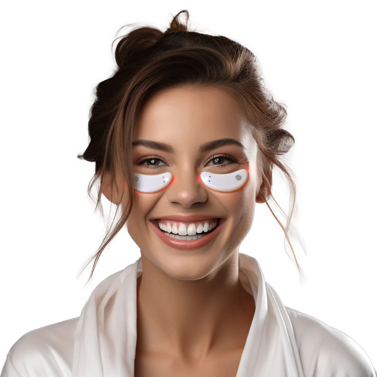A smiling woman with brown hair in a white robe stands against a gray background, enjoying soothing relief from My Store Capsules oculaires.