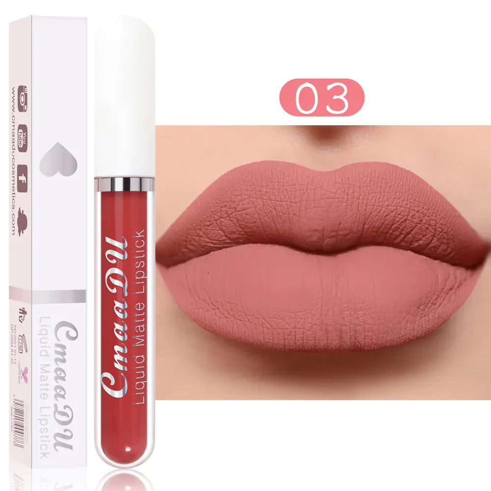 A tube of Léa Beauty & Cosmetics Matte Non-Stick Waterproof Long-Lasting Lip Gloss in shade 03 appears beside lips wearing the same matte, dusty rose pink. The product packaging and its flawless, waterproof finish are also visible.