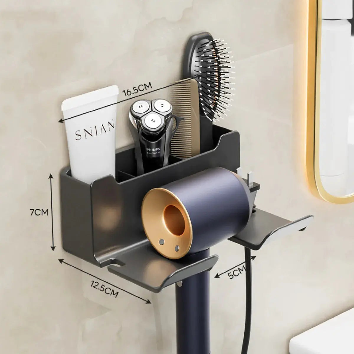 Soporte y almacenamiento para secador de pelo montado en la pared