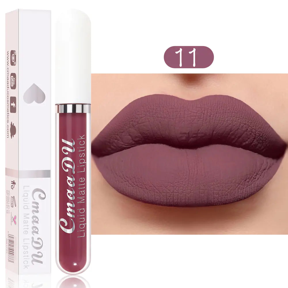 A tube of Léa Beauty & Cosmetics Matte Non-Stick Waterproof Long-Lasting Lip Gloss is displayed next to lips wearing the same matte mauve shade. The packaging is white with pink and silver accents.