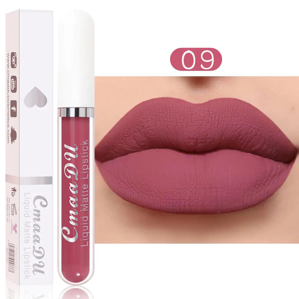 A tube of Léa Beauty & Cosmetics Matte Non-Stick Waterproof Long-Lasting Lip Gloss is displayed beside lips wearing the same mauve-pink matte shade. The packaging is white with silver and pink accents.