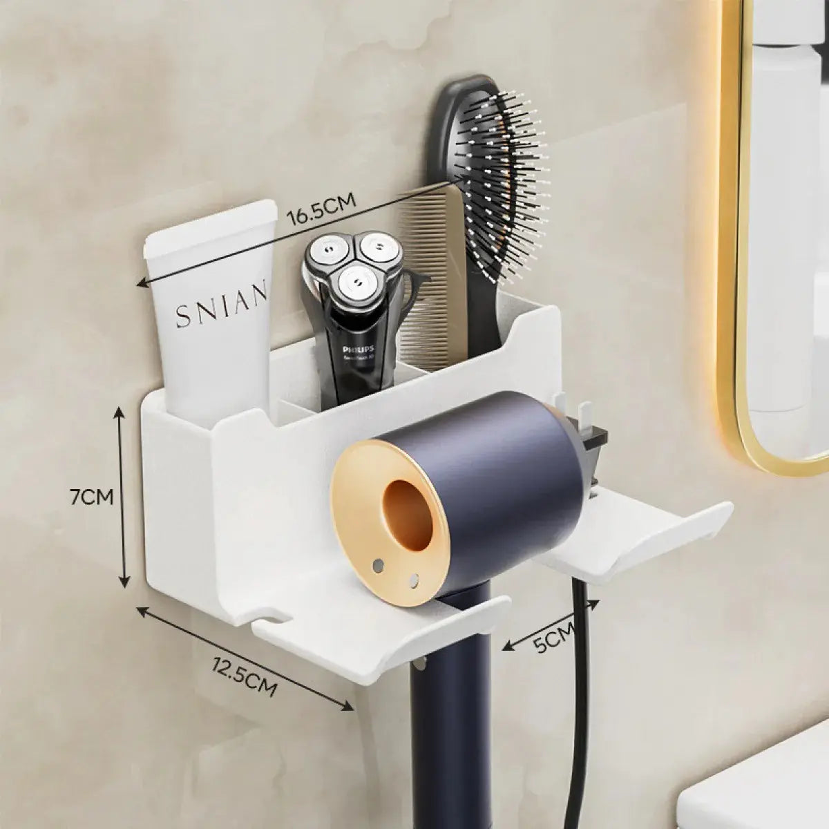 Soporte y almacenamiento para secador de pelo montado en la pared