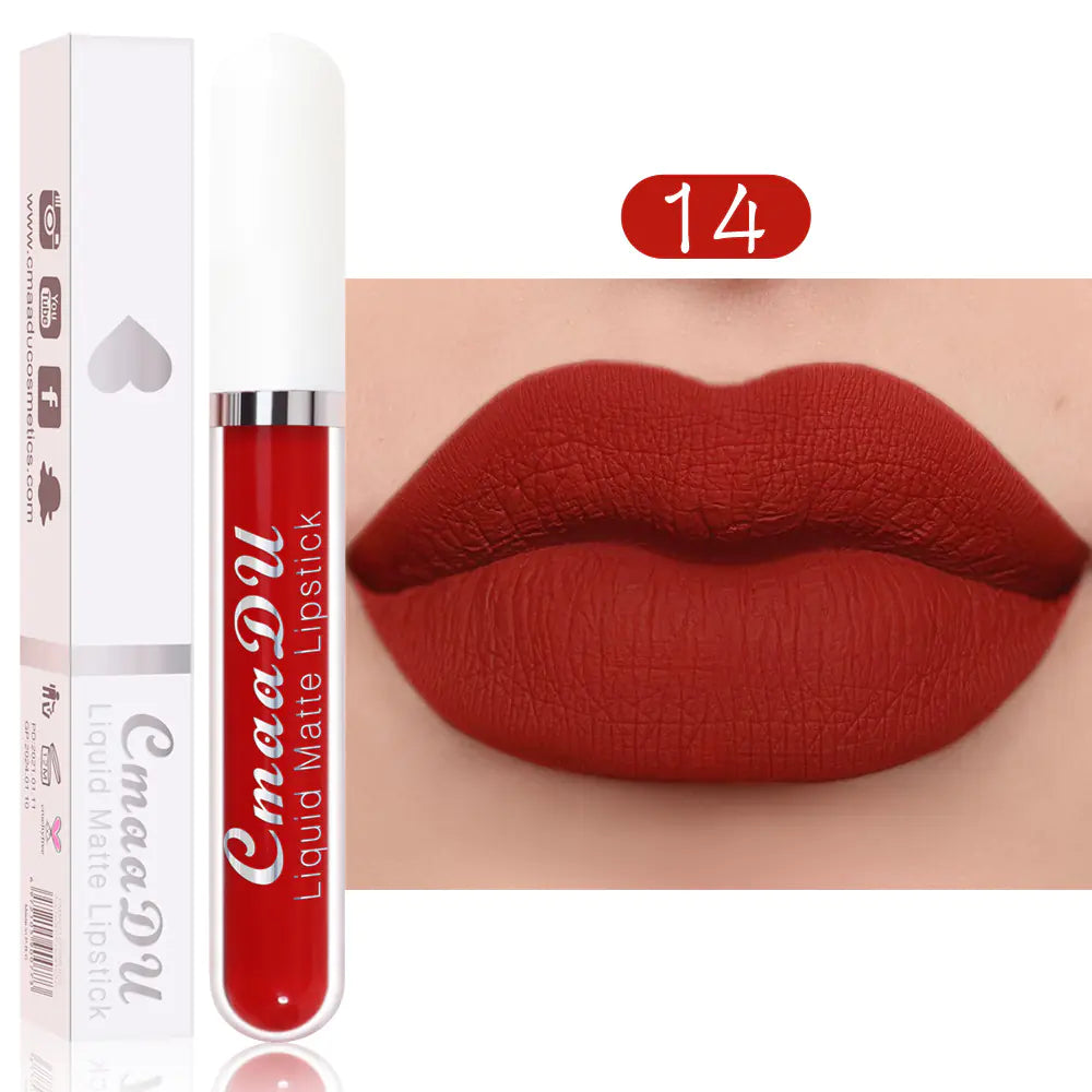A tube and box of Léa Beauty & Cosmetics Matte Non-Stick Waterproof Long-Lasting Lip Gloss are shown next to lips wearing the same bold, matte red color—ideal for a vibrant, waterproof look that lasts.