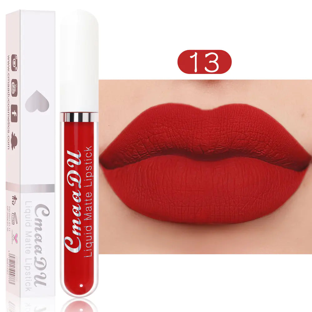 A tube of Léa Beauty & Cosmetics Matte Non-Stick Waterproof Long-Lasting Lip Gloss in shade 13 is displayed beside lips wearing bold matte red gloss, both set against a light background.