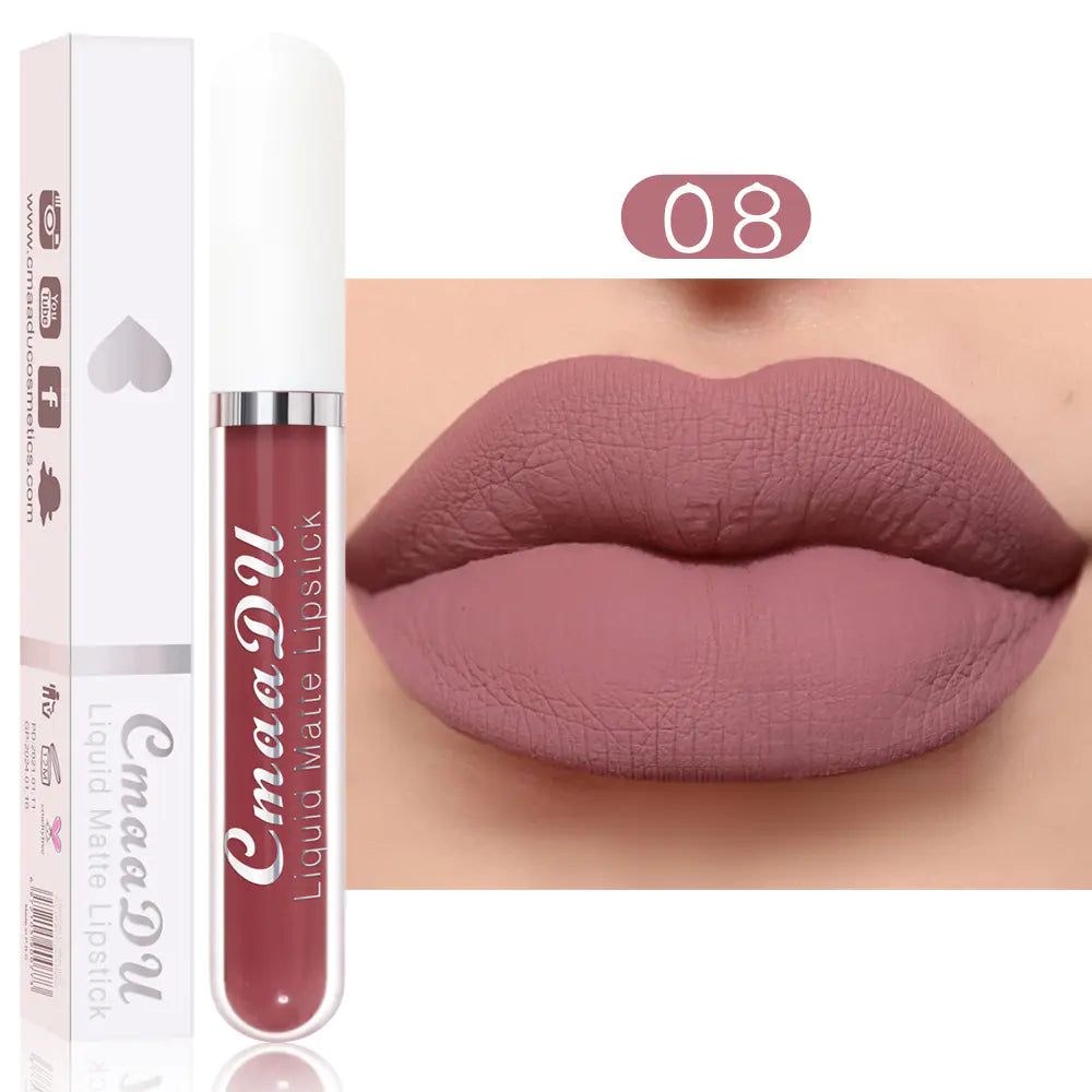 A tube of Léa Beauty & Cosmetics Matte Non-Stick Waterproof Long-Lasting Lip Gloss in shade 08 sits beside its box. The color, a muted mauve-pink, appears on lips with a smooth matte finish that’s both chic and enduring.
