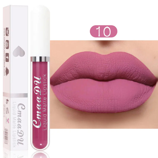 A tube and box of Léa Beauty & Cosmetics Matte Non-Stick Waterproof Long-Lasting Lip Gloss in shade 10 are shown beside lips wearing the same matte pink-purple color, highlighting its waterproof, long-lasting finish.