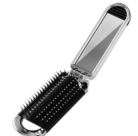 The Brosse à cheveux avec miroir pliant de voyage by My Store features a black design, opening to show a rectangular mirror on one side and detangling bristles on the other, accented with silver trim along the edges.