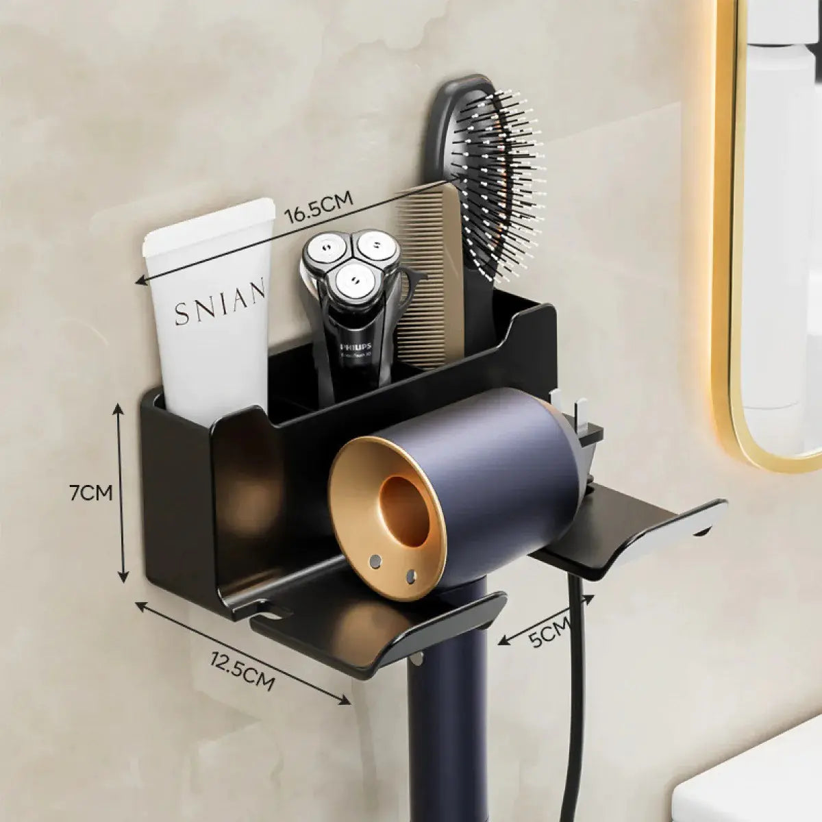 Soporte y almacenamiento para secador de pelo montado en la pared