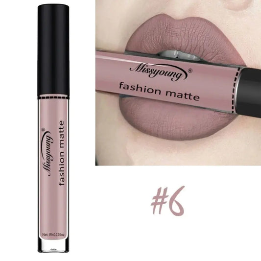 A tube of Léa Beauty & Cosmetics Non-Stick Matte Liquid Lipstick Lip Gloss Makeup is shown in shade #6, with a close-up of lips wearing the same mauve-pink hue and the product held nearby, showcasing its flawless matte finish.