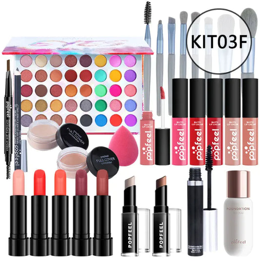 The Léa Beauty & Cosmetics Beginners Complete Makeup Set – Concealer, Eyeliner & Brow Pencil features eyeshadow, brushes, lipsticks, liquid lipsticks, foundation, eyeliner, mascara, brow pencil, concealer pots, beauty sponge, and brow gel displayed on a white background.