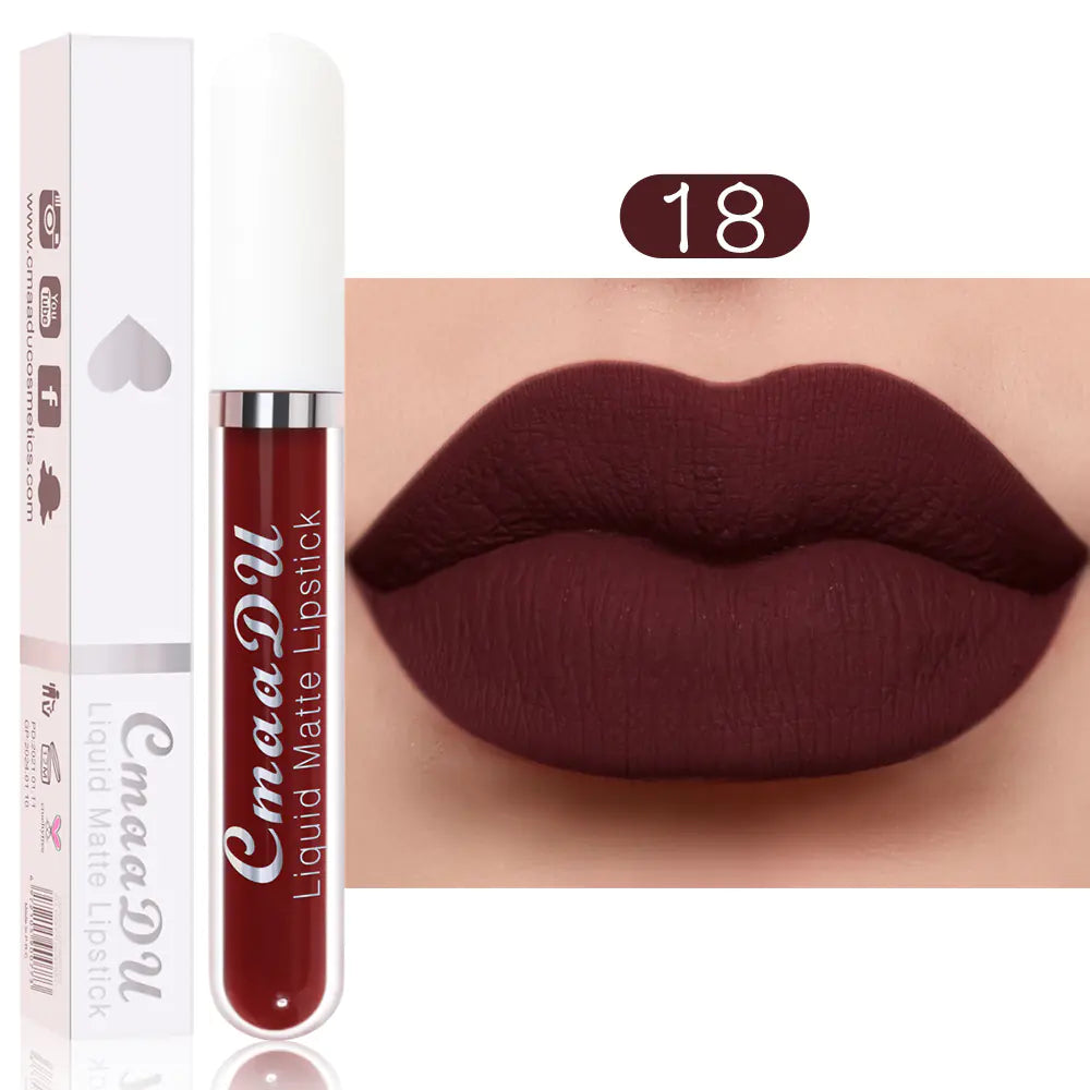 A tube of Léa Beauty & Cosmetics Matte Non-Stick Waterproof Long-Lasting Lip Gloss in shade 18 appears beside lips wearing its deep burgundy hue. The white packaging displays the brand and product name.