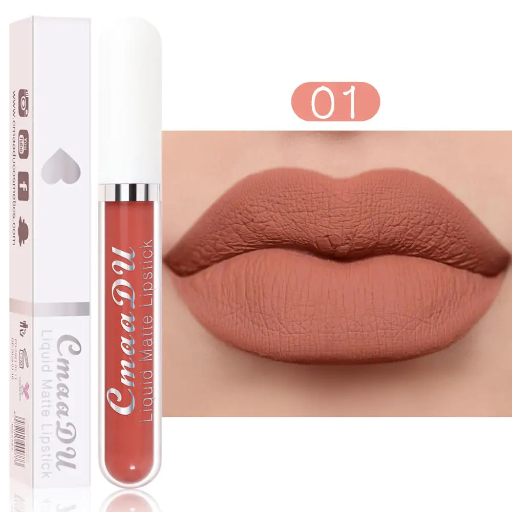 A tube of Léa Beauty & Cosmetics Matte Non-Stick Waterproof Long-Lasting Lip Gloss in shade 01 is shown beside its box, offering smooth, terra-cotta color and all-day matte perfection with a durable, non-stick waterproof formula.