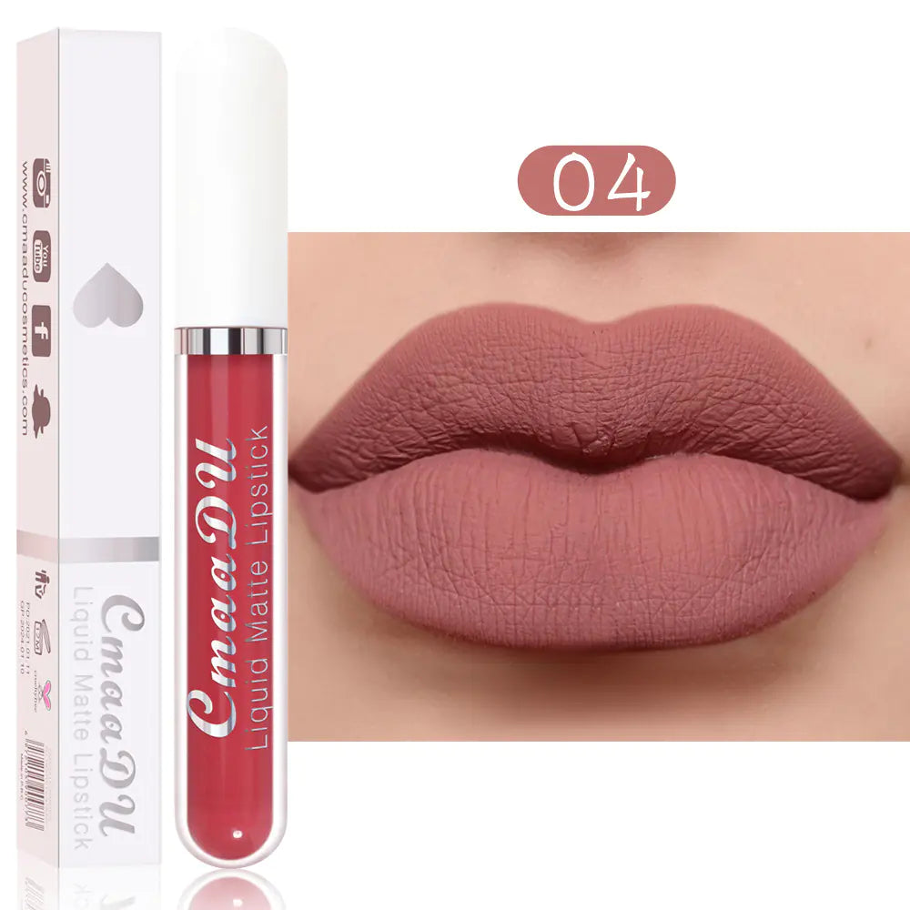 A close-up of lips in matte mauve, shade 04, wearing Léa Beauty & Cosmetics Matte Non-Stick Waterproof Long-Lasting Lip Gloss. The tube and box are shown beside the lips, emphasizing its waterproof formula.